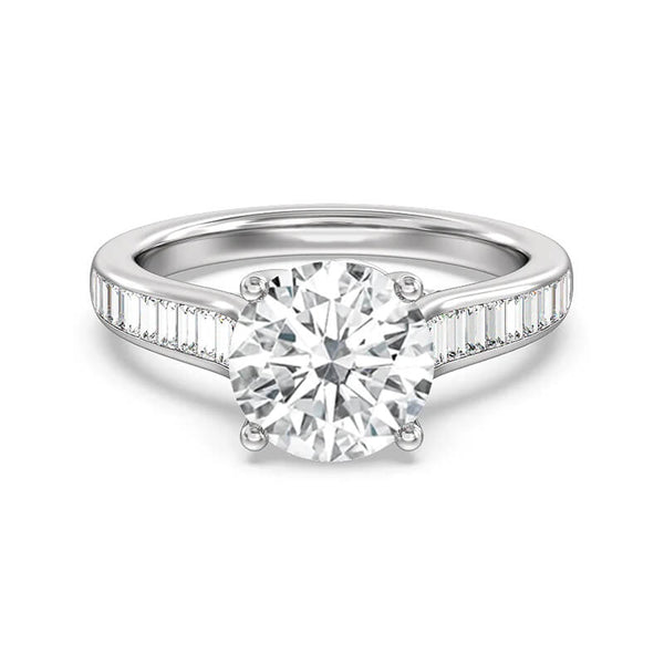 Cathedral Round Moissanite Baguette Accents Engagement Ring - ReadYourHeart