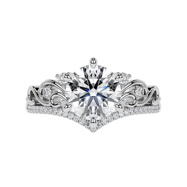 Chevron Round Moissanite Scroll Pave Engagement Ring