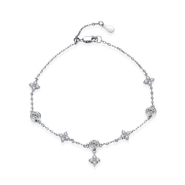 Four Leaf And Bezel Moissanite Evenly Spaced Bracelet In Sterling Silver - ReadYourHeart
