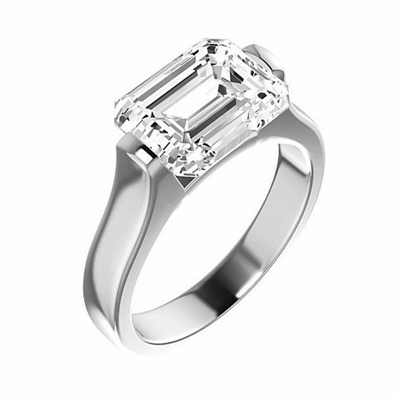 Solitaire EmeraldCut Moissanite East West Bar Set Engagement Ring