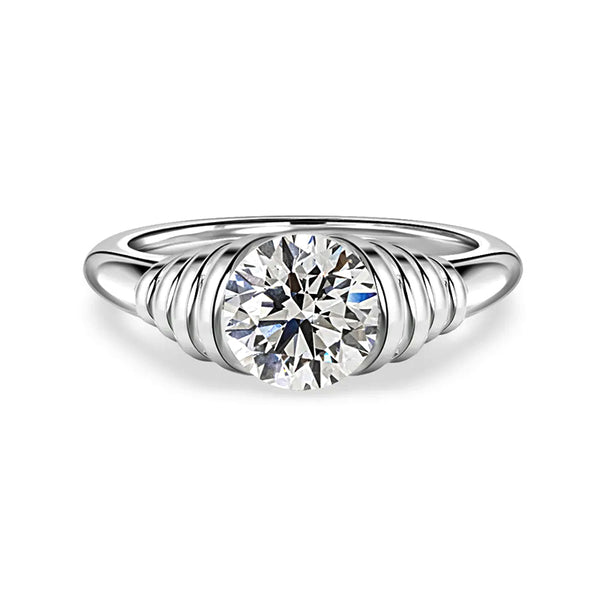 Solitaire Round Moissanite Stepped Half Bezel Engagement Ring