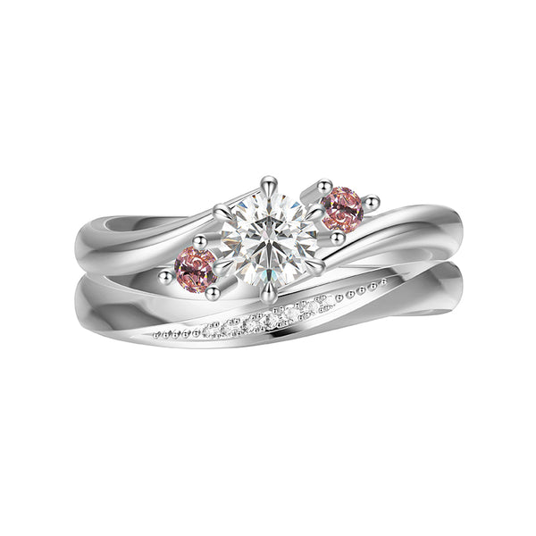 Three Stone Moissanite And Pink Sapphire Bypass Bridal Engagement Ring Set - ReadYourHeart