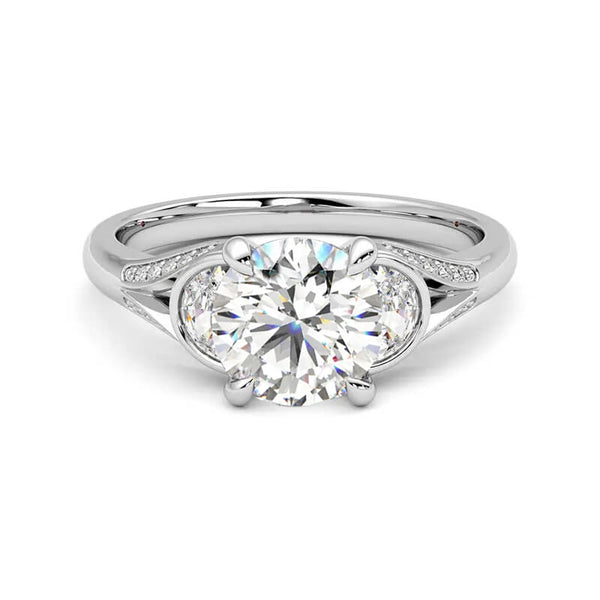 Three Stone Round Moissanite And Half-Moon Accents Engagement Ring - ReadYourHeart