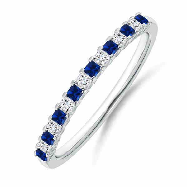 Alternating Princess Moissanite And Sapphire Half Eternity Wedding Band Ring - ReadYourHeart