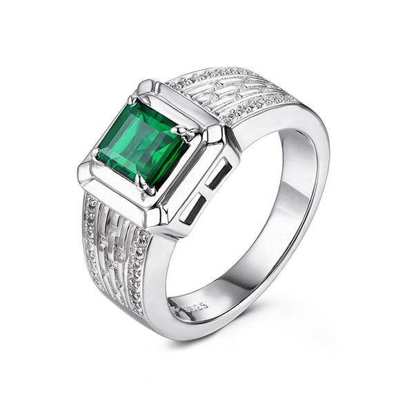 Asscher Lab-Created Emerald Pave Accents Sterling Silver Ring For Men - ReadYourHeart