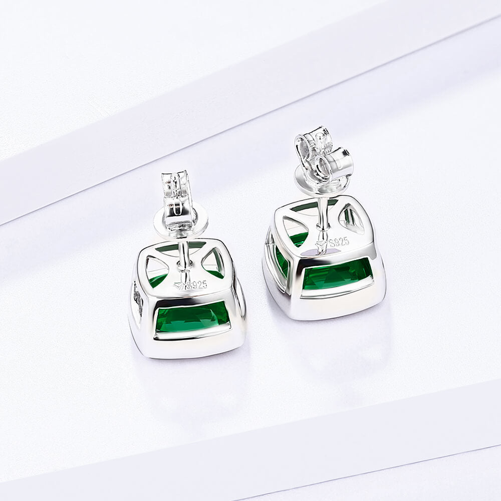 Cushion Lab-Created Emerald Bezel Sterling Silver Stud Earrings - ReadYourHeart