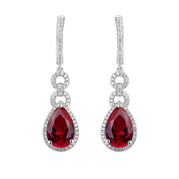Fashion Pear Ruby Sterling Silver Drop Halo Earrings - ReadYourHeart