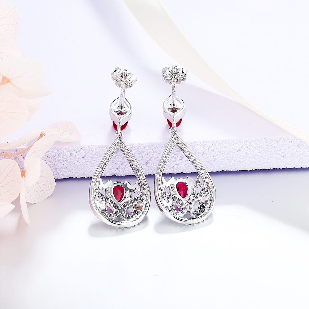 Fashion Pear Ruby Sterling Silver Drop Halo Earrings - ReadYourHeart