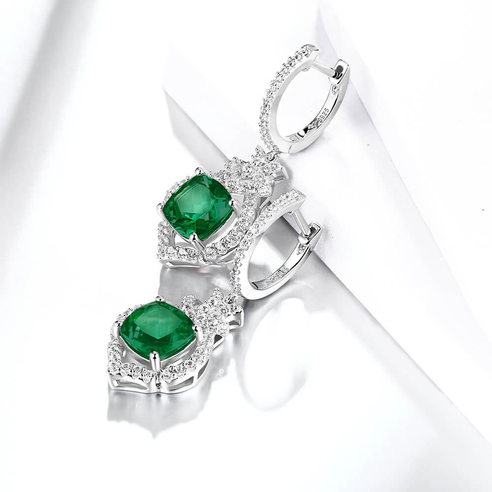 Halo Cushion-Cut Lab-Created Emerald Sterling Silver Drop Earrings - ReadYourHeart