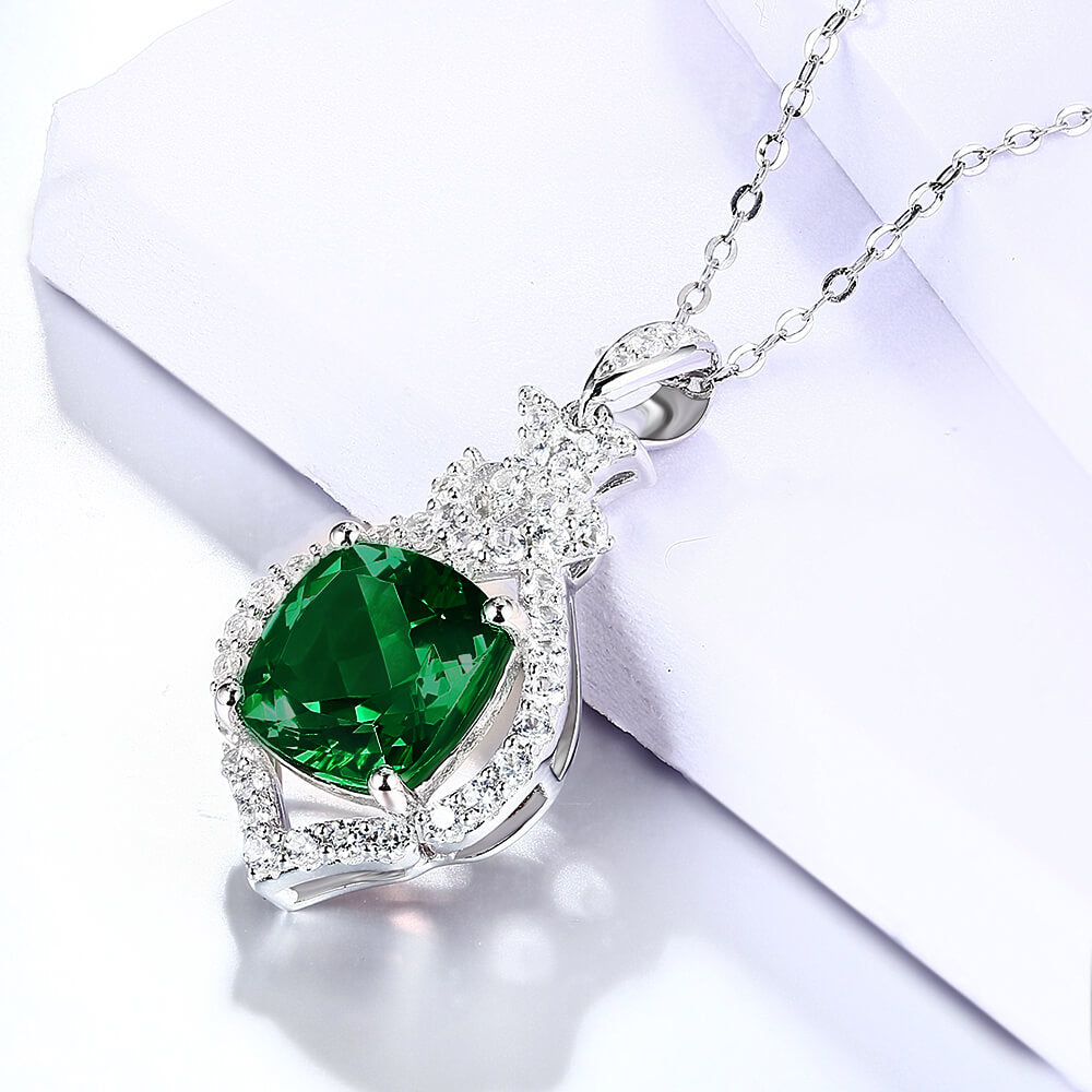Halo Cushion Lab-Created Emerald Sterling Silver Necklace - ReadYourHeart
