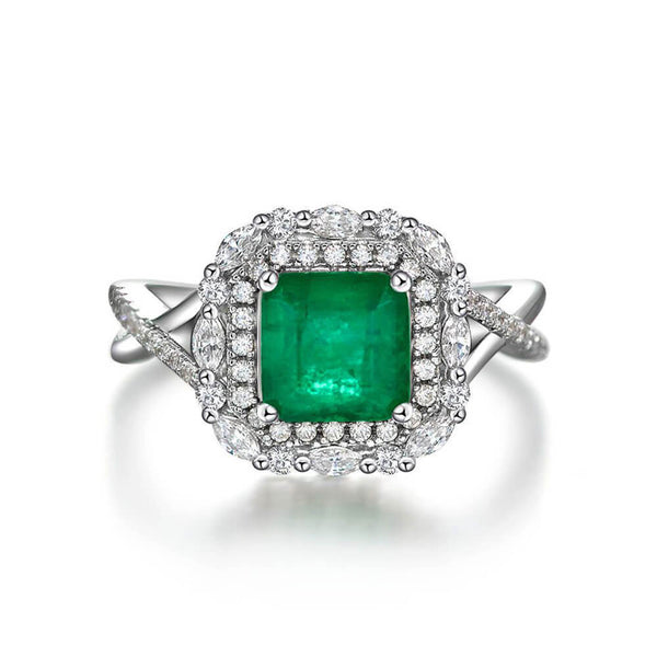 Lab Emerald Double Halo Twisted Sterling Silver Ring - ReadYourHeart