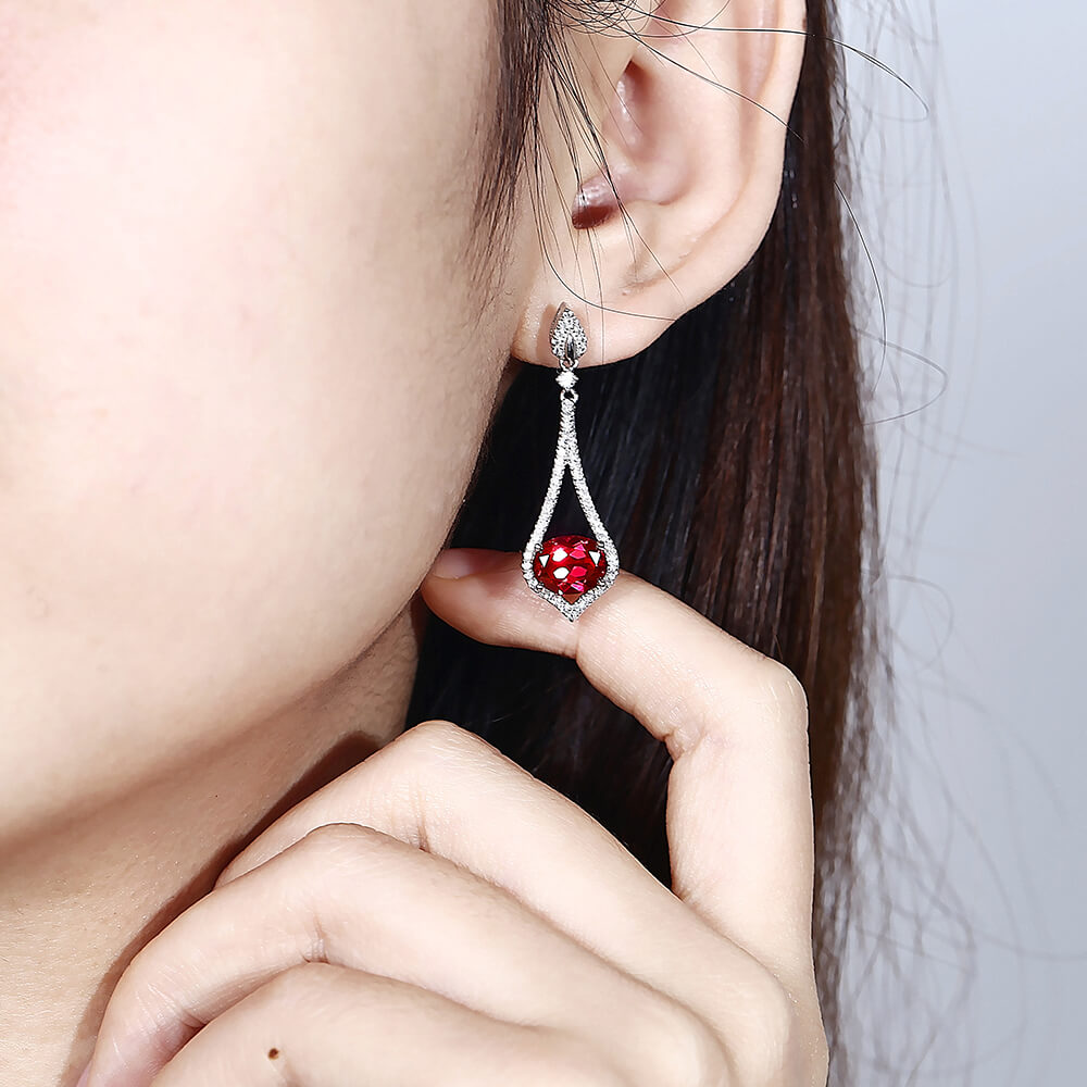 Oval Ruby Sterling Silver Drop Halo Earrings - ReadYourHeart