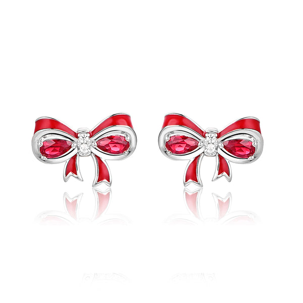 Pear Ruby Rosette Bow Sterling Silver Stud Earrings - ReadYourHeart
