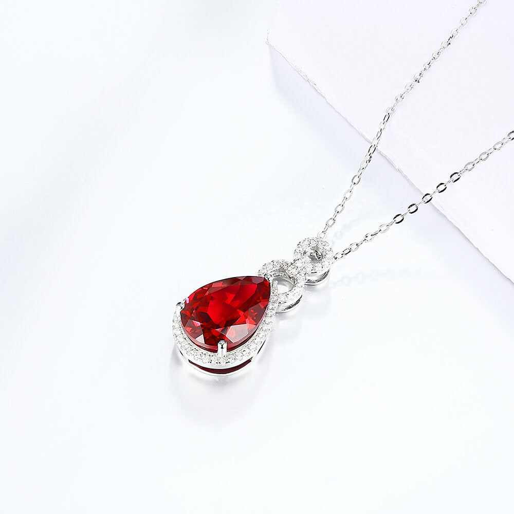 Pear Ruby Sterling Silver Halo Necklace Pendant - ReadYourHeart