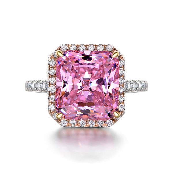 Radiant Cut Pink Sapphire Four Prong Sterling Silver Halo Ring - ReadYourHeart