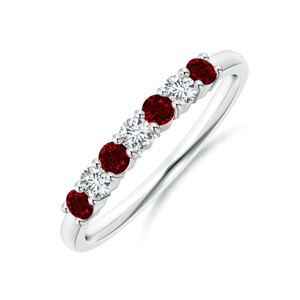Seven Stone Moissanite and Ruby Wedding Band Ring In Sterling Silver - ReadYourHeart
