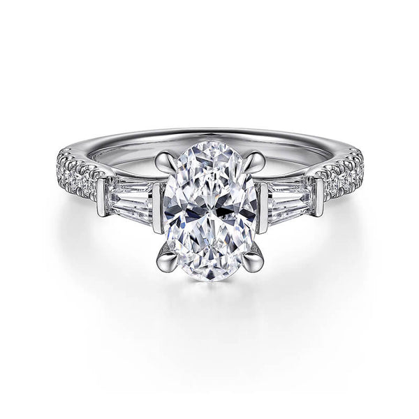 Three Stone Oval Moissanite And Tapered Baguette Pave Engagement Ring - ReadYourHeart
