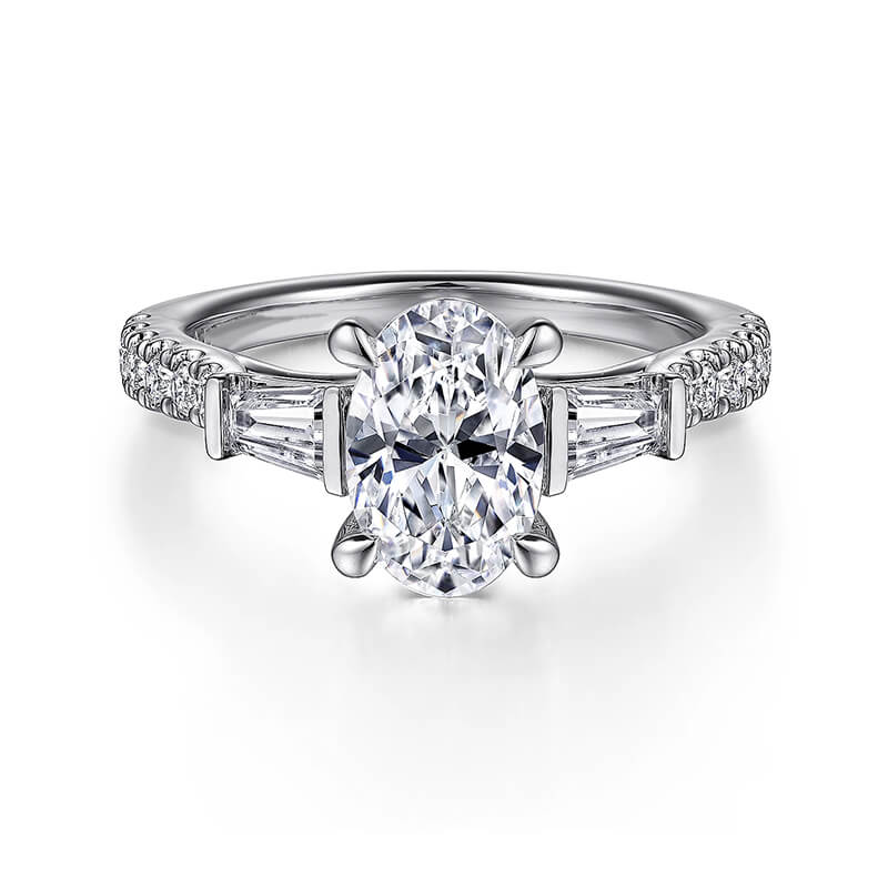 Three Stone Oval Moissanite And Tapered Baguette Pave Engagement Ring - ReadYourHeart
