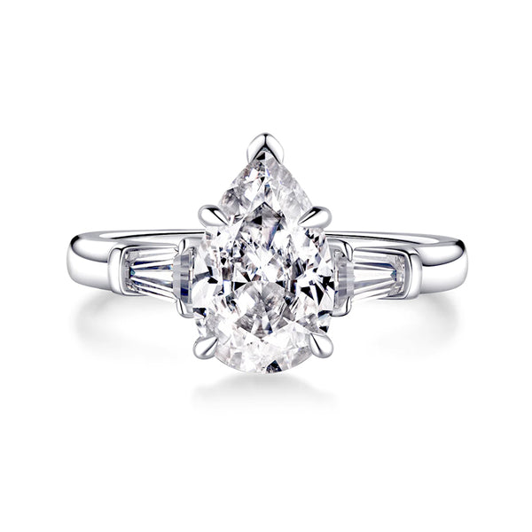 Three Stone Pear Moissanite And Tapered Baguette Engagement Ring - ReadYourHeart