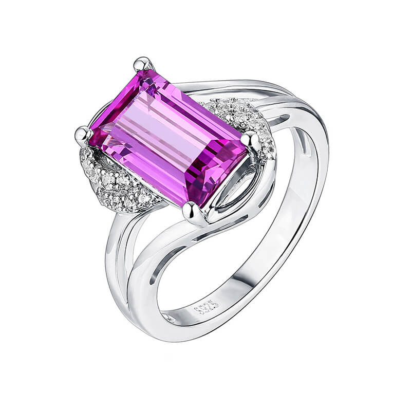 Emerald-Cut Purple Sapphire Bypass Split Shank Pave Sterling Silver Ring - ReadYourHeart