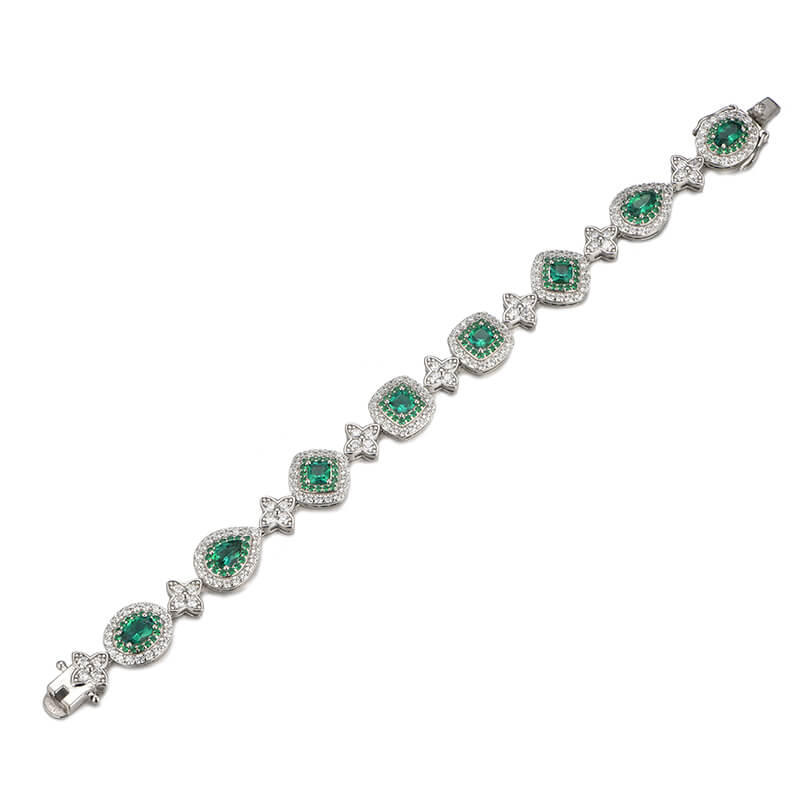 Alternating Halo Emerald And Four Leaf Bracelet In Sterling Silver - ReadYourHeart