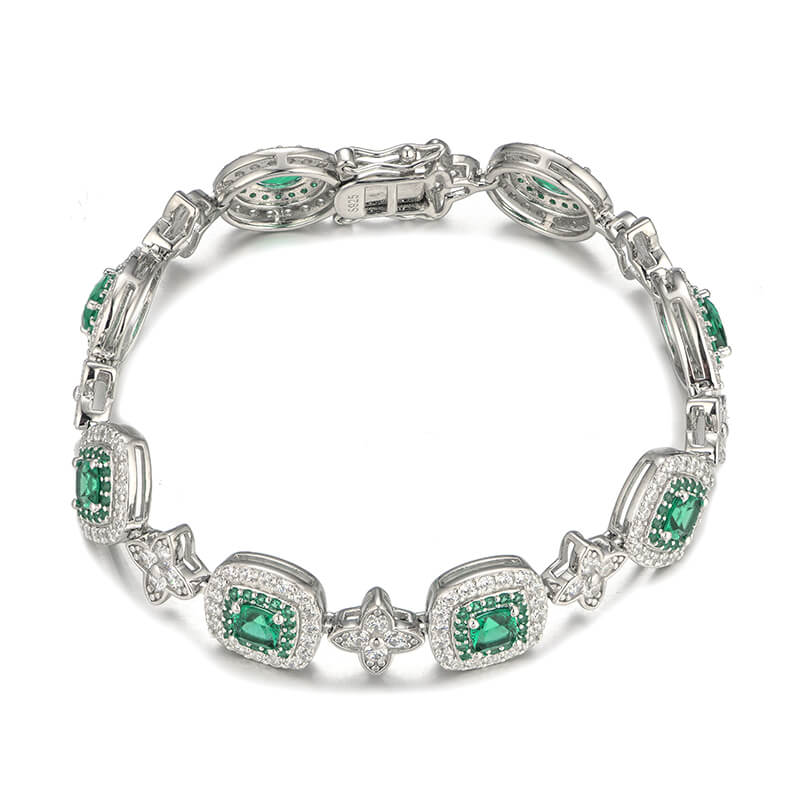 Alternating Halo Emerald And Four Leaf Bracelet In Sterling Silver - ReadYourHeart