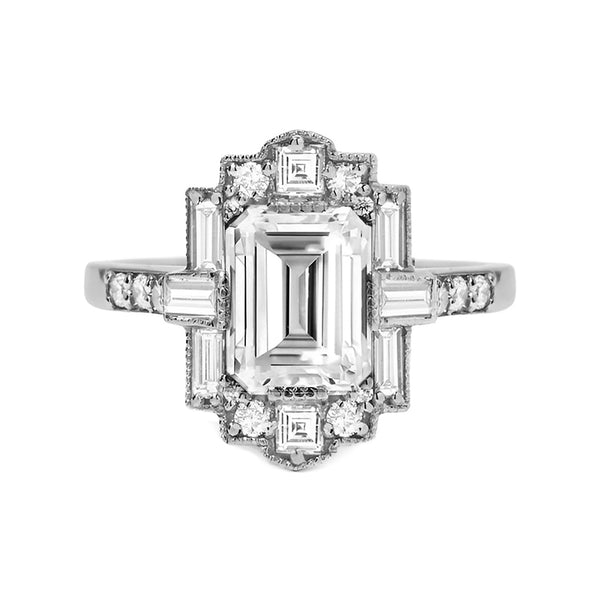 Art Deco Emerald Cut Moissanite Milgrain Engagement Ring
