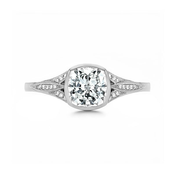 Bezel Cushion Moissanite Filigree Pave Engagement Ring - ReadYourHeart