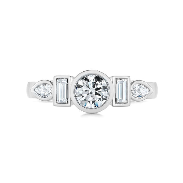 Bezel Five Stone Moissanite Baguette And Pear Accents Engagement Ring