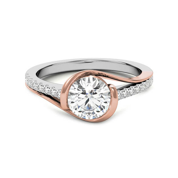 Bezel Round Moissanite Bypass Pave Two Tone Engagement Ring