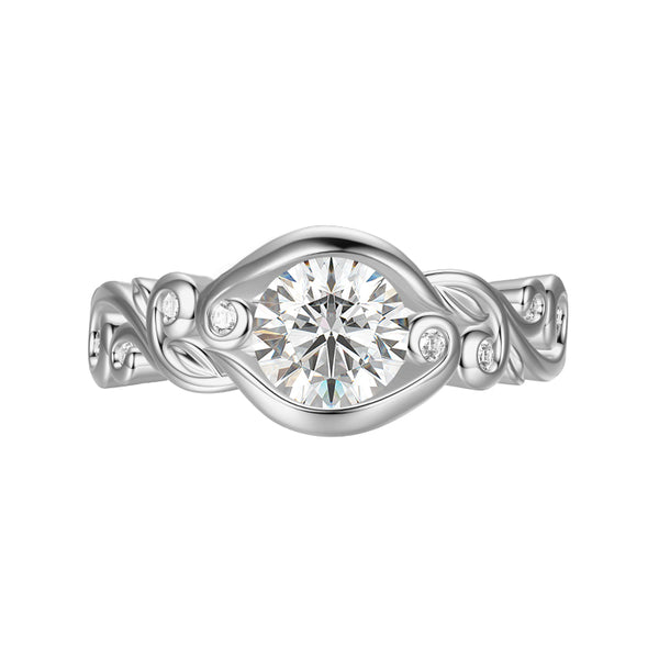 Bezel Set Round Moissanite Scroll Accents Engagement Ring - ReadYourHeart