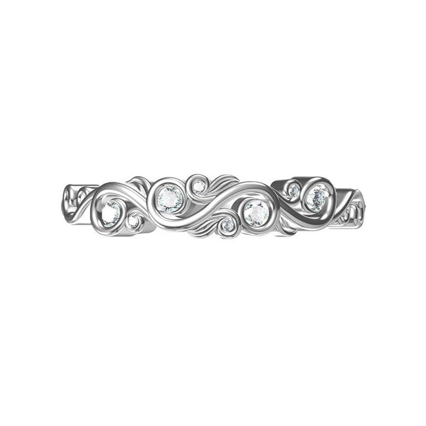 Bezel Set Round Moissanite Scroll Accents Wedding Band Ring In Sterling Silver - ReadYourHeart
