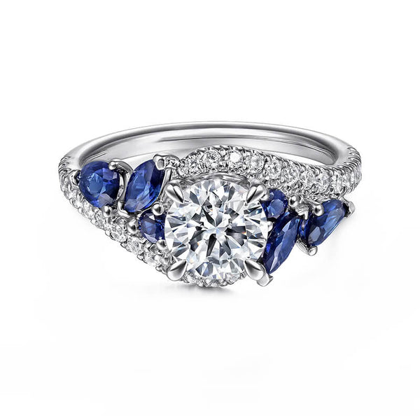 Bypass Round Moissanite Sapphire Cluster Pave Engagement Ring