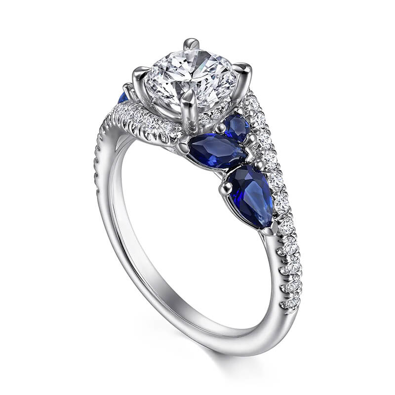 Bypass Round Moissanite Sapphire Cluster Pave Engagement Ring,RRL-FA1C1000-1,RRL-FA1C1000-2,RRL-FA1C1000-3