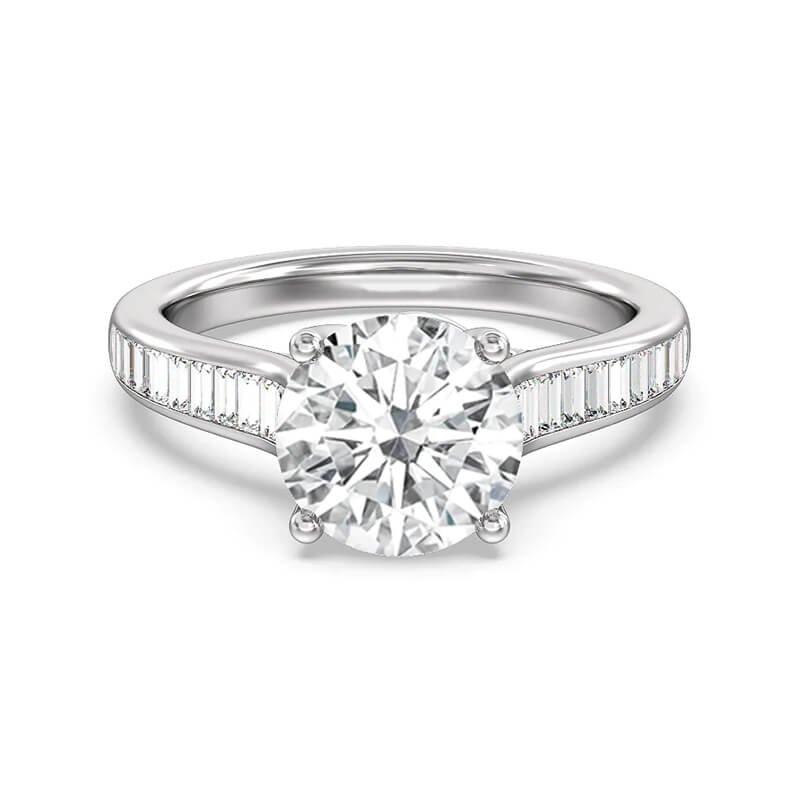 Cathedral Round Moissanite Baguette Accents Engagement Ring - ReadYourHeart
