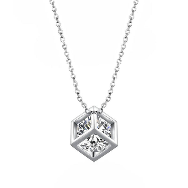 Cube Wrapped Solitaire Moissanite Necklace In Sterling Silver