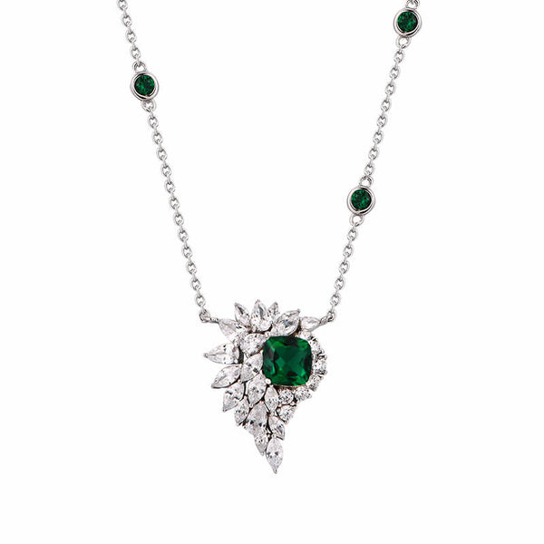 Cushion Cut Emerald Cluster Necklace In Sterling Silver