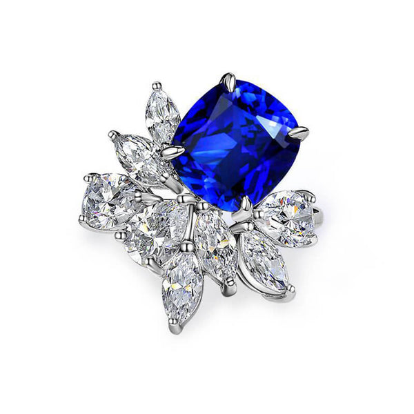 Cushion Cut Sapphire Cluster Accents Sterling Silver Ring