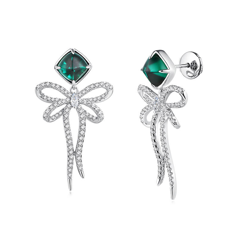 Cushion Emerald Bow-Knot Drop Earrings In Sterling Silver - ReadYourHeart