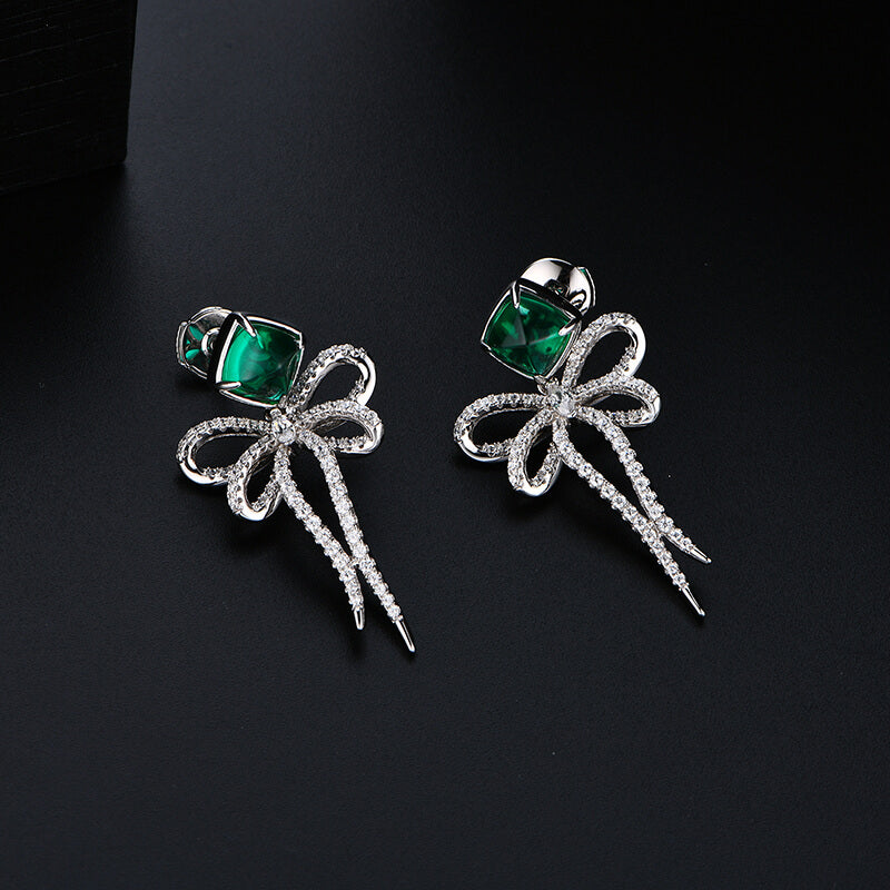 Cushion Emerald Bow-Knot Drop Earrings In Sterling Silver - ReadYourHeart