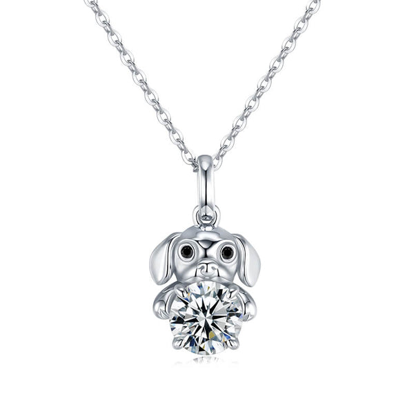 Cute Dog Holding Moissanite Necklace In Sterling Silver