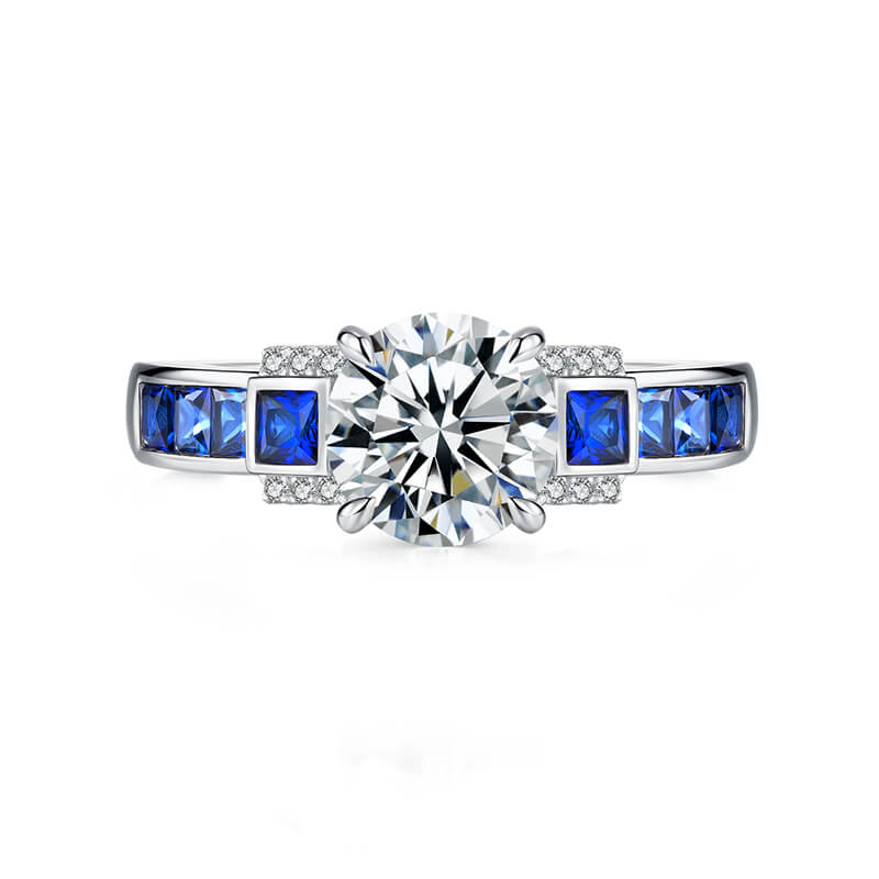 Deco Elegance Moissanite and Baguette Sapphire Engagement Ring,RRL-FA1C934-1,RRL-FA1C934-2,RRL-FA1C934-3