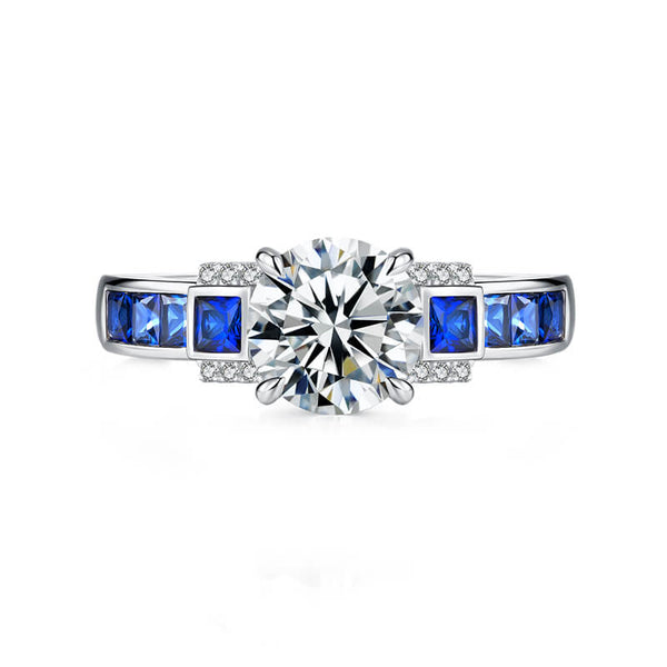 Deco Elegance Moissanite and Baguette Sapphire Engagement Ring,RRL-FA1C934-1,RRL-FA1C934-2,RRL-FA1C934-3