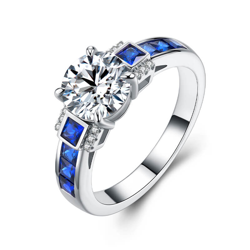 Deco Elegance Moissanite and Baguette Sapphire Engagement Ring,RRL-FA1C934-1,RRL-FA1C934-2,RRL-FA1C934-3