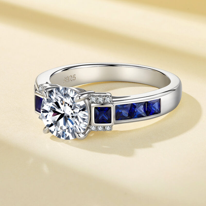 Deco Elegance Moissanite and Baguette Sapphire Engagement Ring,RRL-FA1C934-1,RRL-FA1C934-2,RRL-FA1C934-3