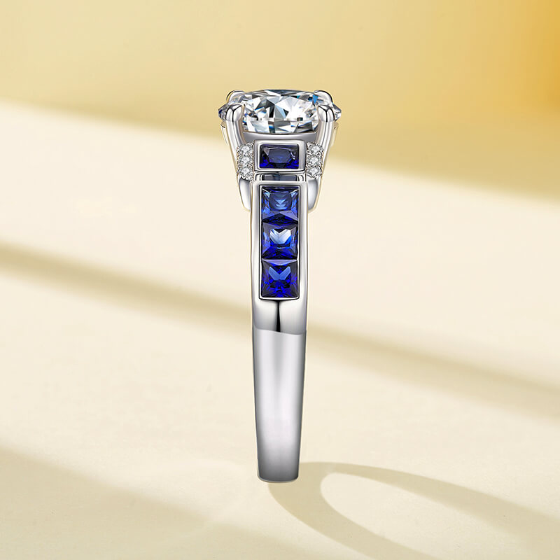 Deco Elegance Moissanite and Baguette Sapphire Engagement Ring,RRL-FA1C934-1,RRL-FA1C934-2,RRL-FA1C934-3