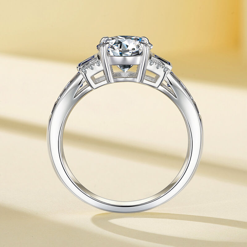 Deco Elegance Moissanite and Baguette Sapphire Engagement Ring,RRL-FA1C934-1,RRL-FA1C934-2,RRL-FA1C934-3
