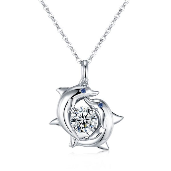 Double Dolphin Surround Moissanite Necklace In Sterling Silver