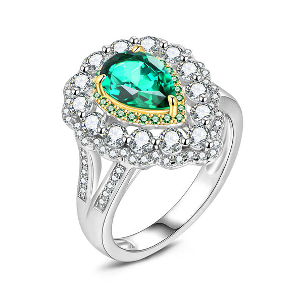 Double Halo Pear Emerald Split Shank Pave Engagement Ring