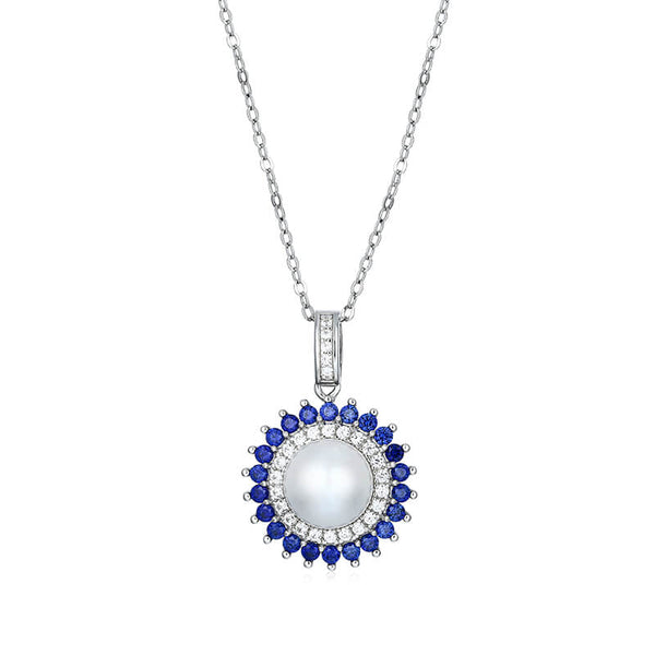 Double Halo Round Pearl Necklace In Sterling Silver